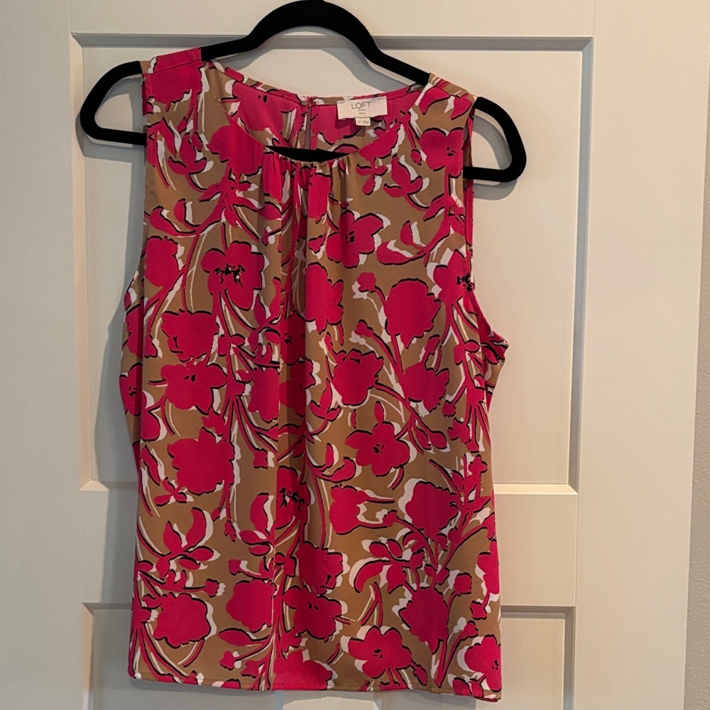LOFT Hot Pink Floral Sleeveless Shell on Tan Base